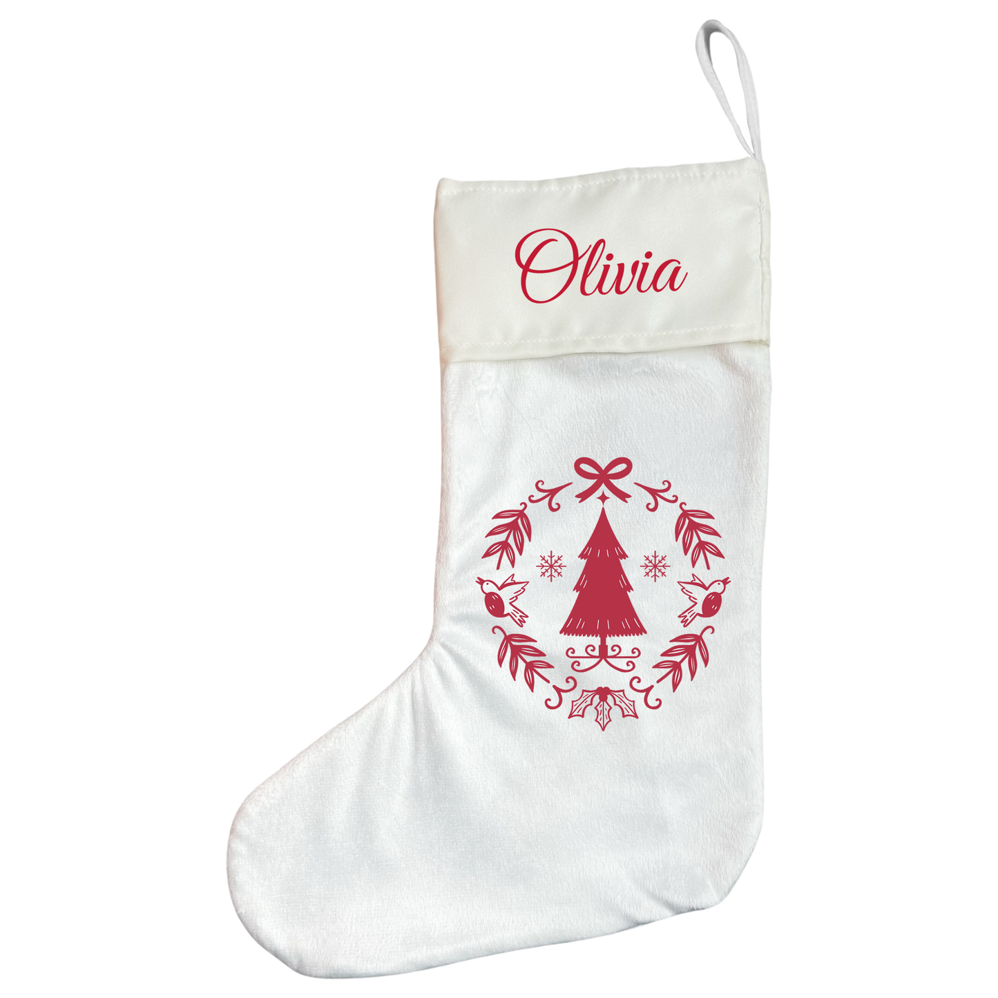 Personalised Christmas Stocking - Red Scandi Wreath