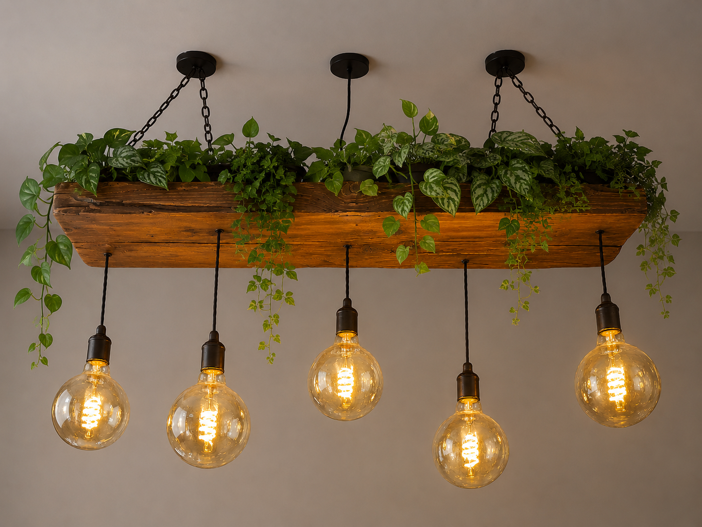 Reclaimed Wooden Beam Chandelier | Plant Shelf Light | UK – Ready to Ship