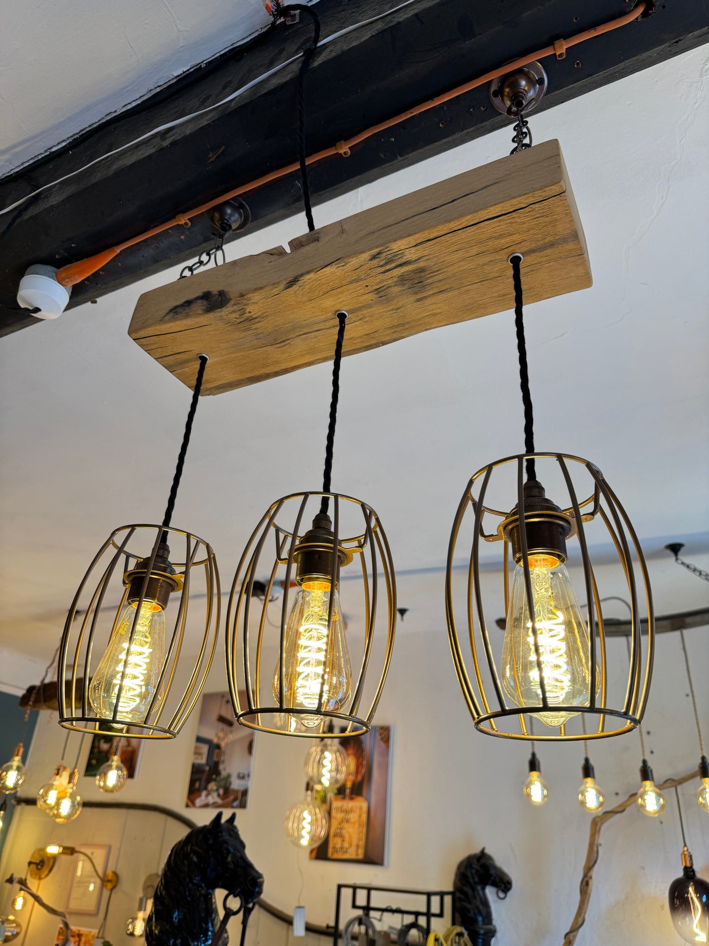 Reclaimed Oak Beam Chandelier with Cage Shades | 3 Light Rustic Kitchen Island Lighting UK
