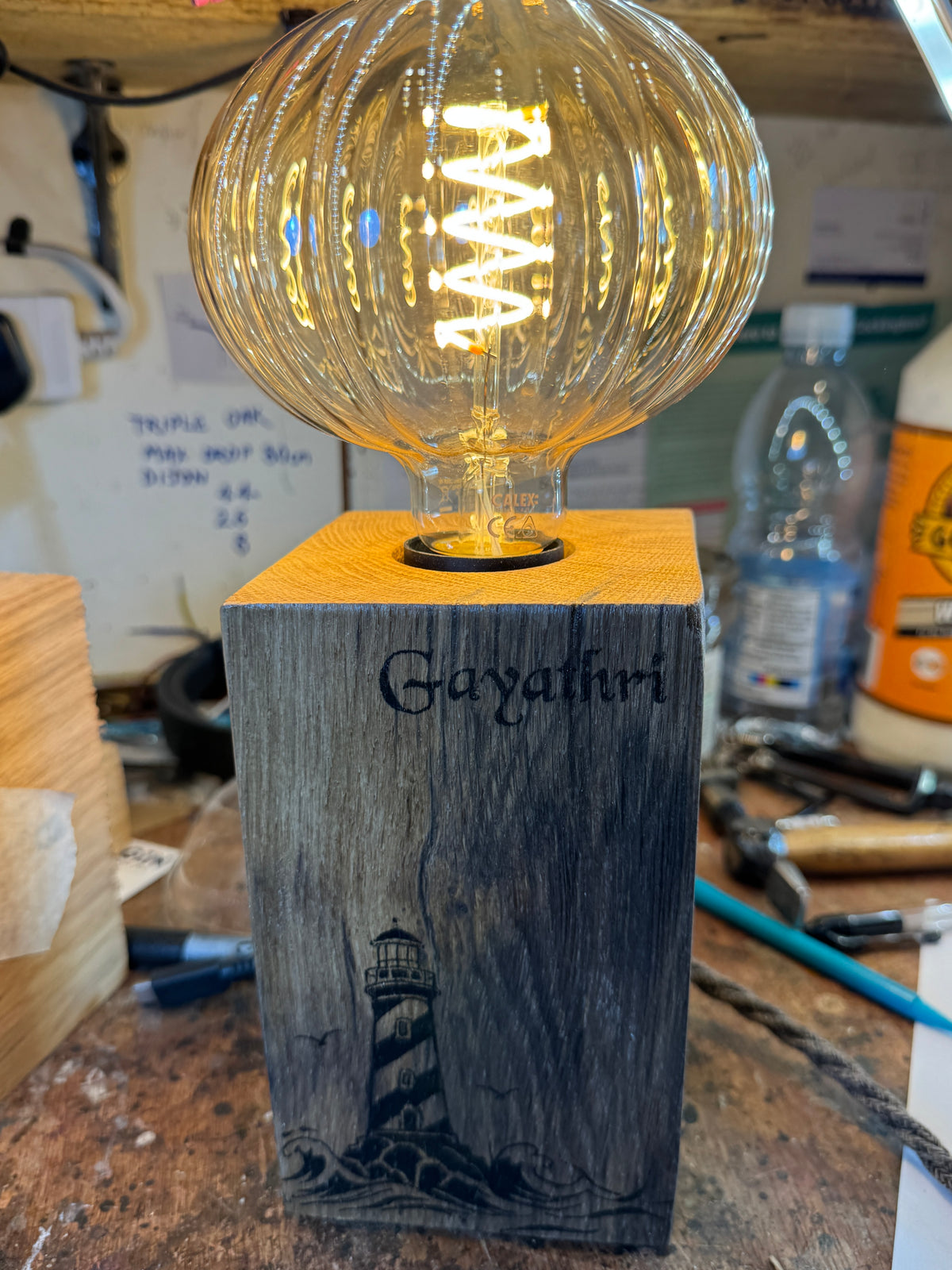 Personalised Wooden Lamp – Hand-Inked Reclaimed Plymouth Oak