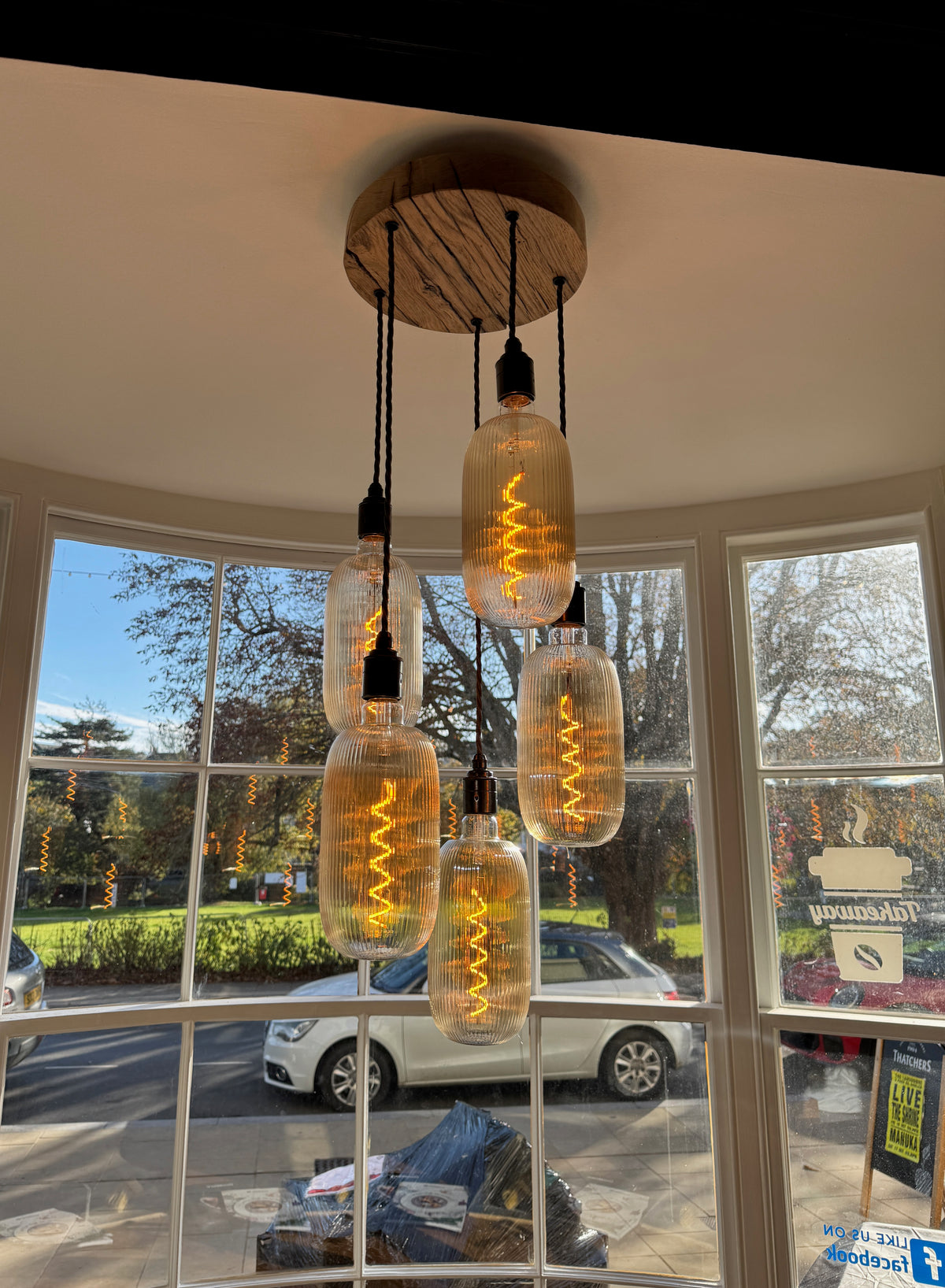Plymouth Oak Disc Chandelier – 5 Pendant Cluster Light