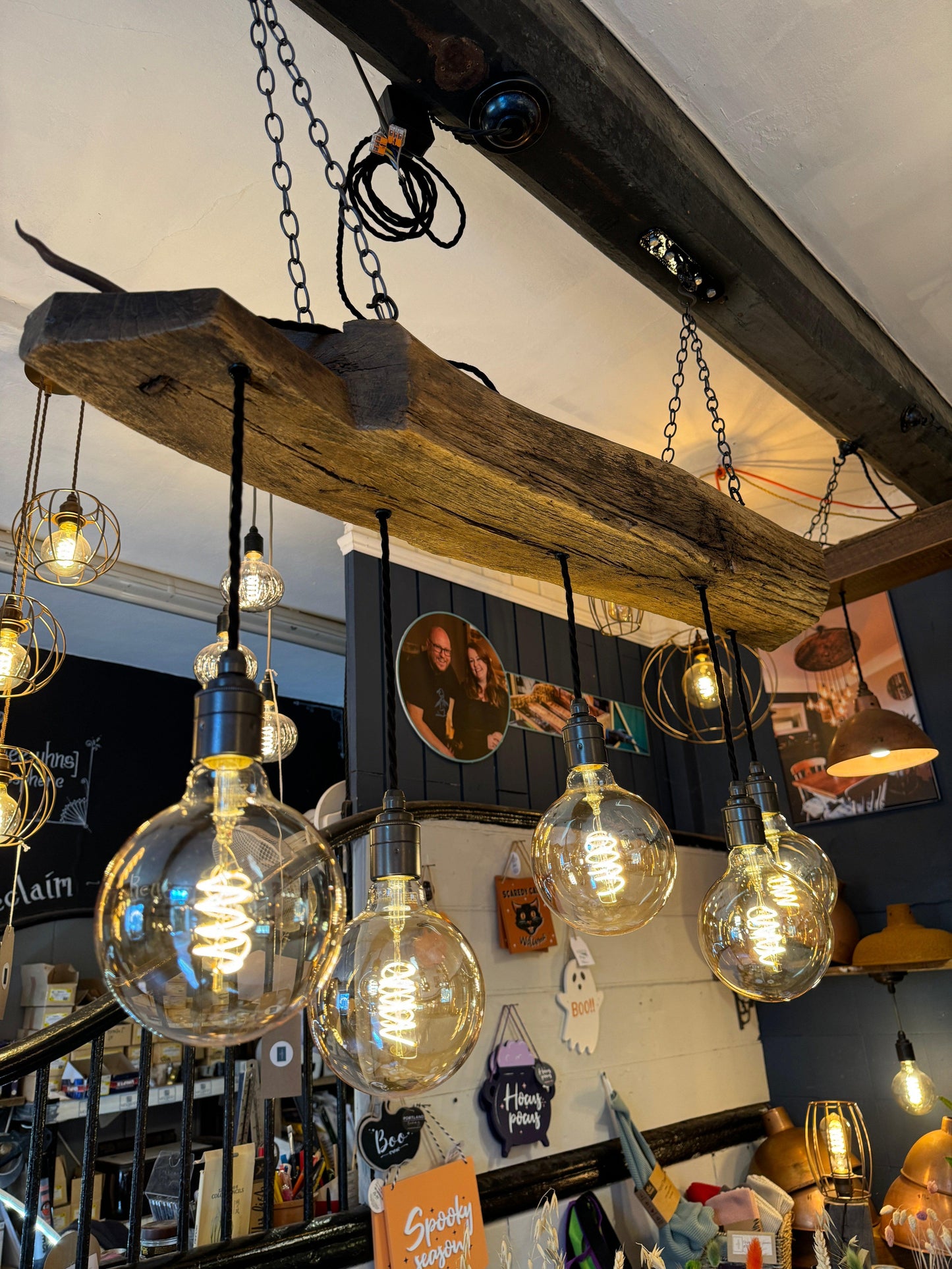 Kronleuchter aus handgefertigtem Eichenbalken, 1 m, 5 Lampenfassungen