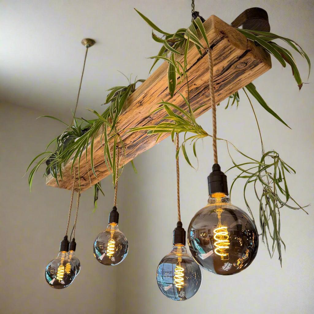 hanging plant light fixture Wooden Beam Chandelier for Plants | Kitchen Island Lighting with Planter Shelf
