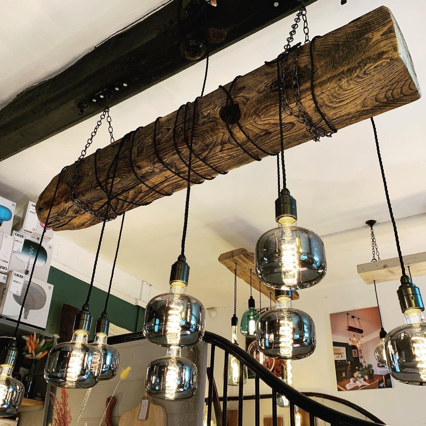 Chunky Rustic Oak Beam Chandelier with Wrapped Cables – MooBoo Home