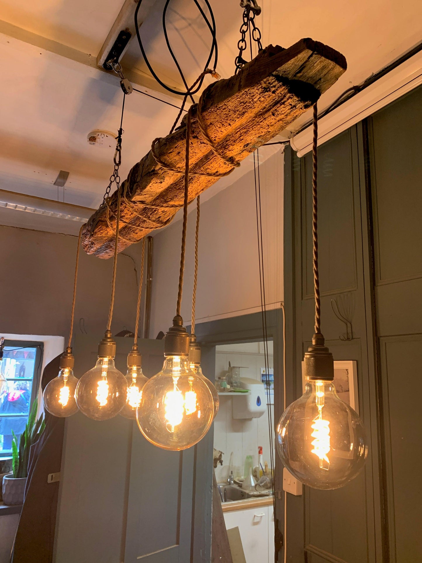 Chunky Rustic Oak Beam Chandelier with Wrapped Cables - MooBoo Home