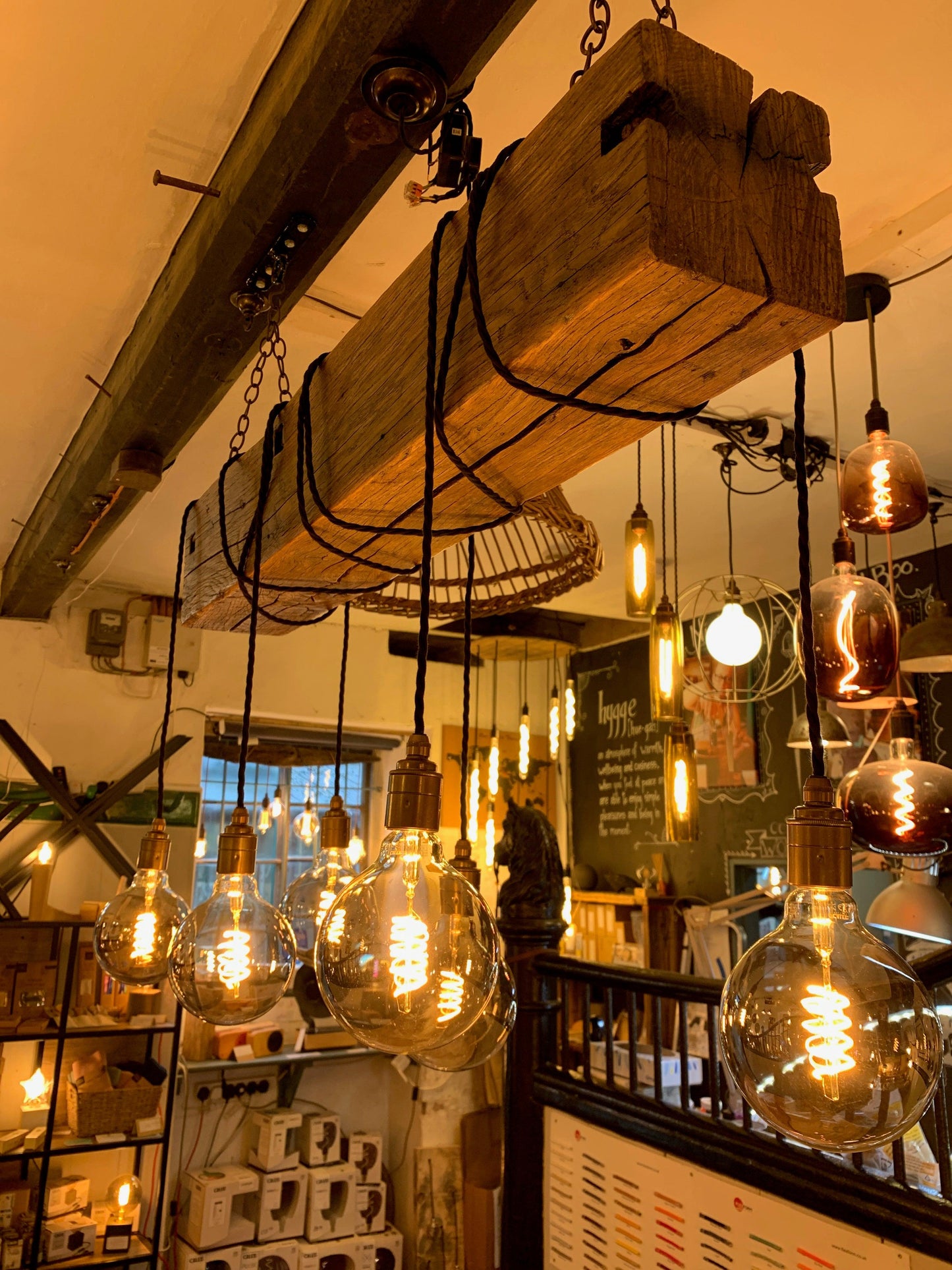 Chunky Rustic Oak Beam Chandelier with Wrapped Cables - MooBoo Home