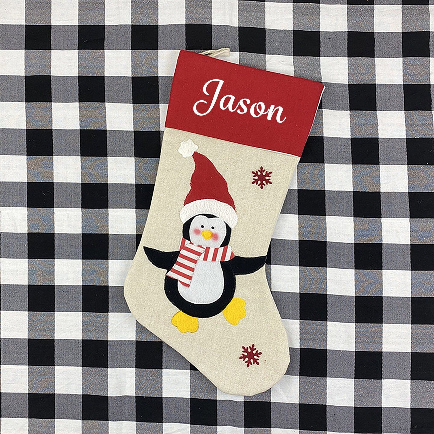 Personalised Christmas Stocking Penguin Red Stockings Hang Fireplace Xmas Decorations Family Kids Set