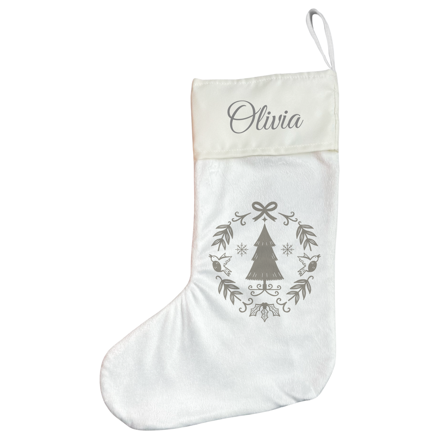Personalised Christmas Stocking - Grey Scandi Wreath