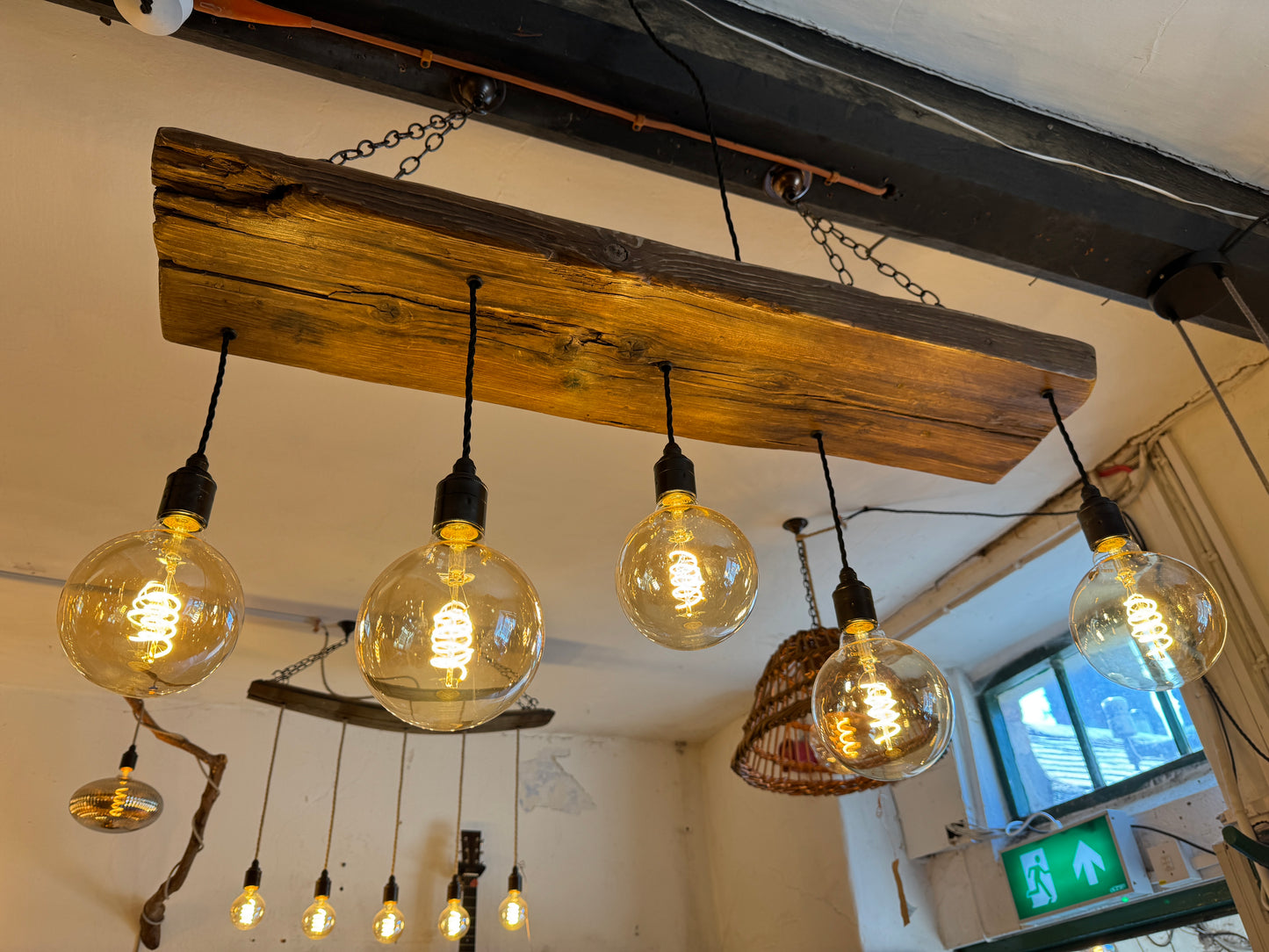 Reclaimed Wooden Beam Chandelier | Plant Shelf Light | UK – Ready to Ship