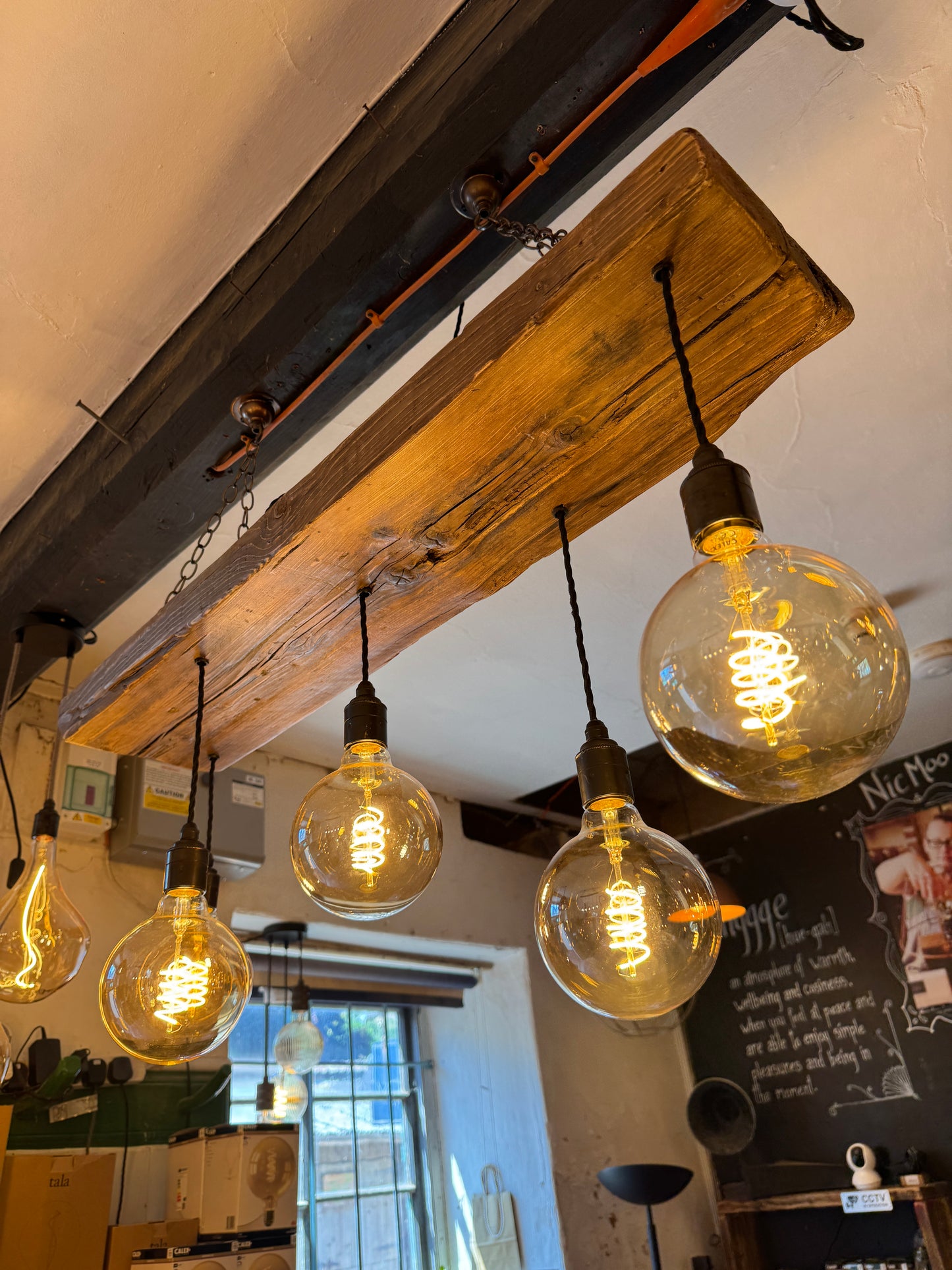 Reclaimed Wooden Beam Chandelier | Plant Shelf Light | UK – Ready to Ship