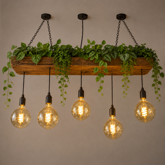 Reclaimed Wooden Beam Chandelier | Plant Shelf Light | UK – Ready to Ship