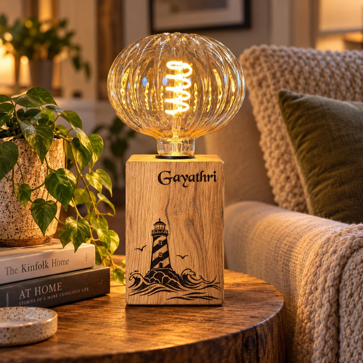 Personalised Wooden Lamp – Hand-Inked Reclaimed Plymouth Oak