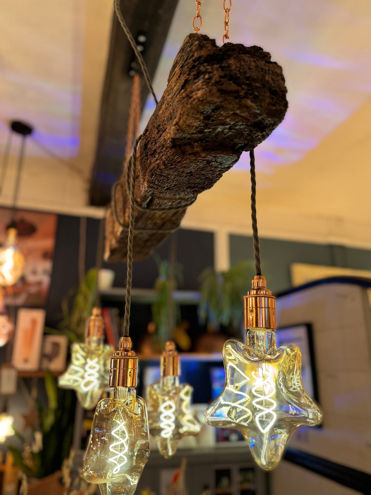 Rustic Oak Beam Chandelier with Wrapped Cables, Sage green and Copper