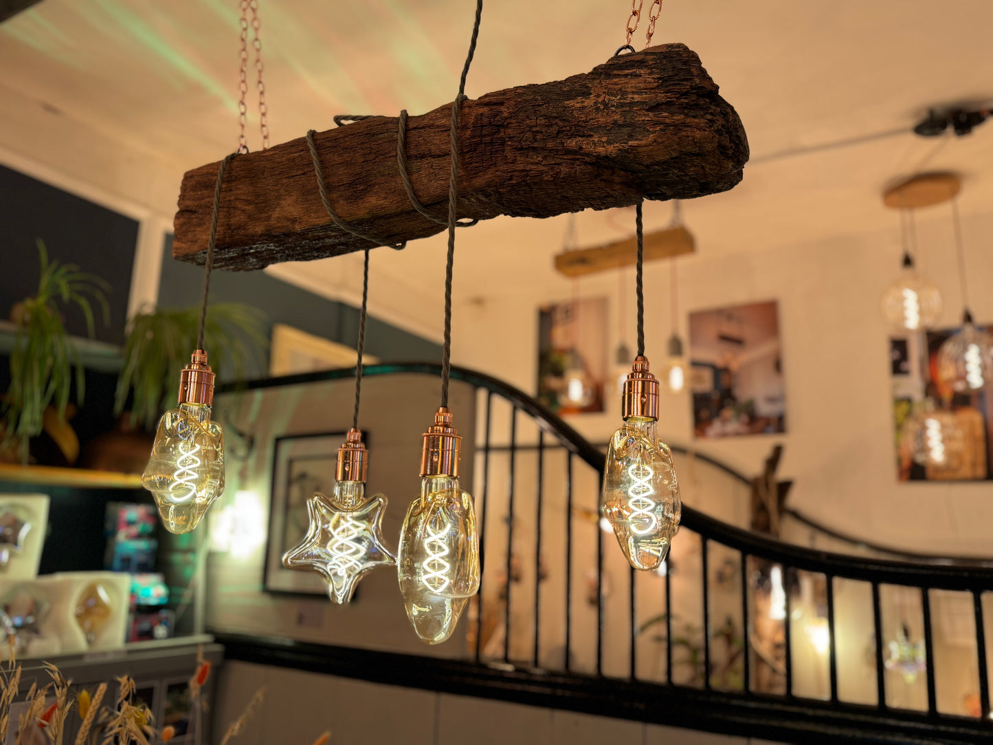 Rustic Oak Beam Chandelier with Wrapped Cables, Sage green and Copper