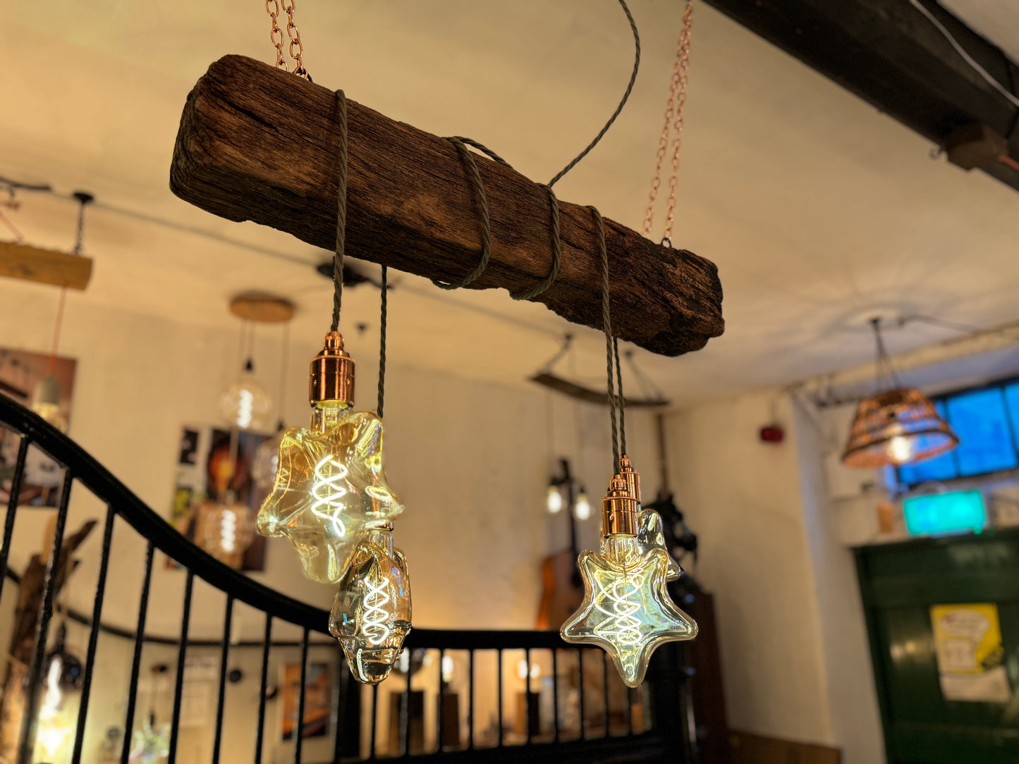 Rustic Oak Beam Chandelier with Wrapped Cables, Sage green and Copper