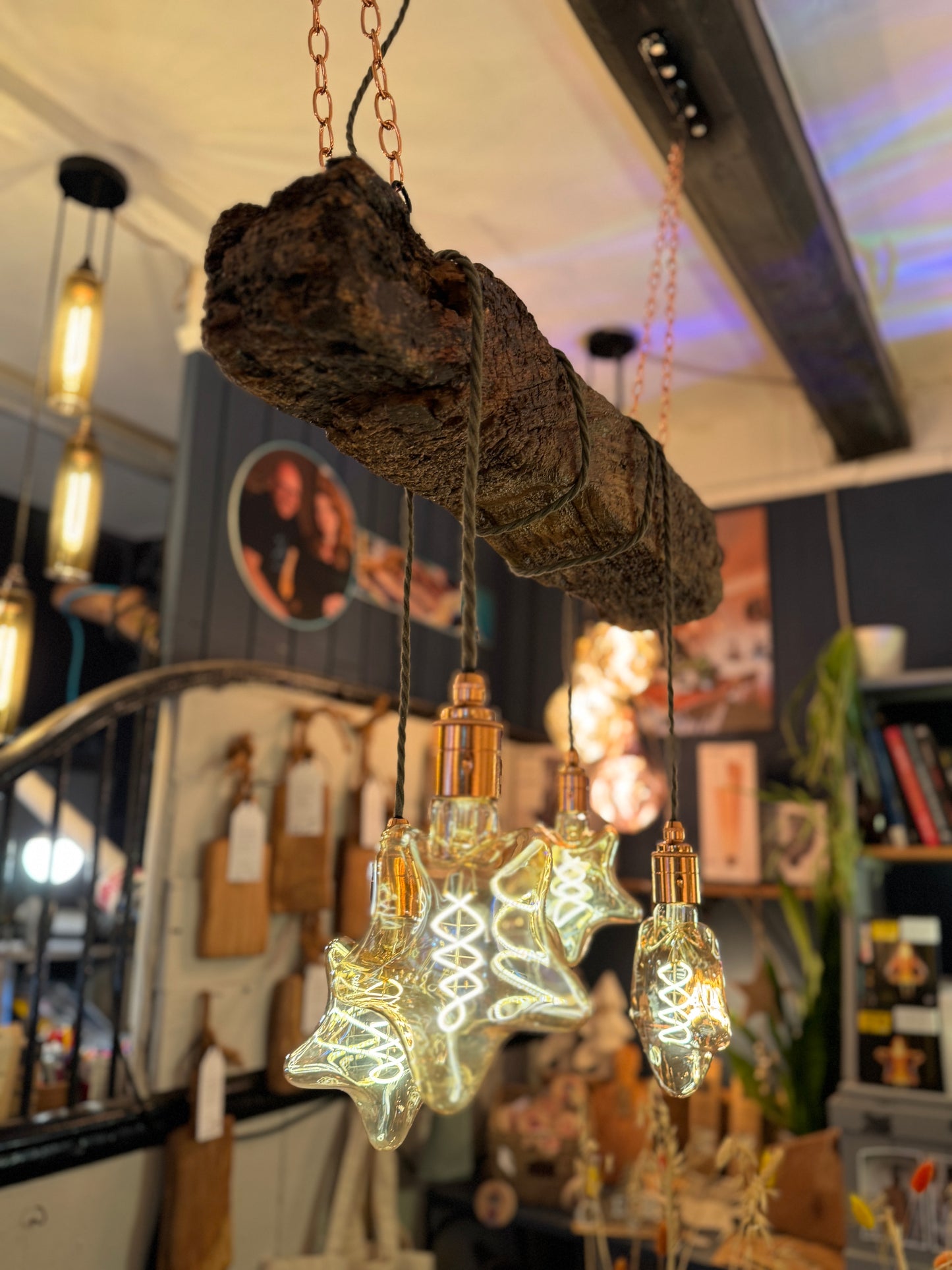 Rustic Oak Beam Chandelier with Wrapped Cables, Sage green and Copper