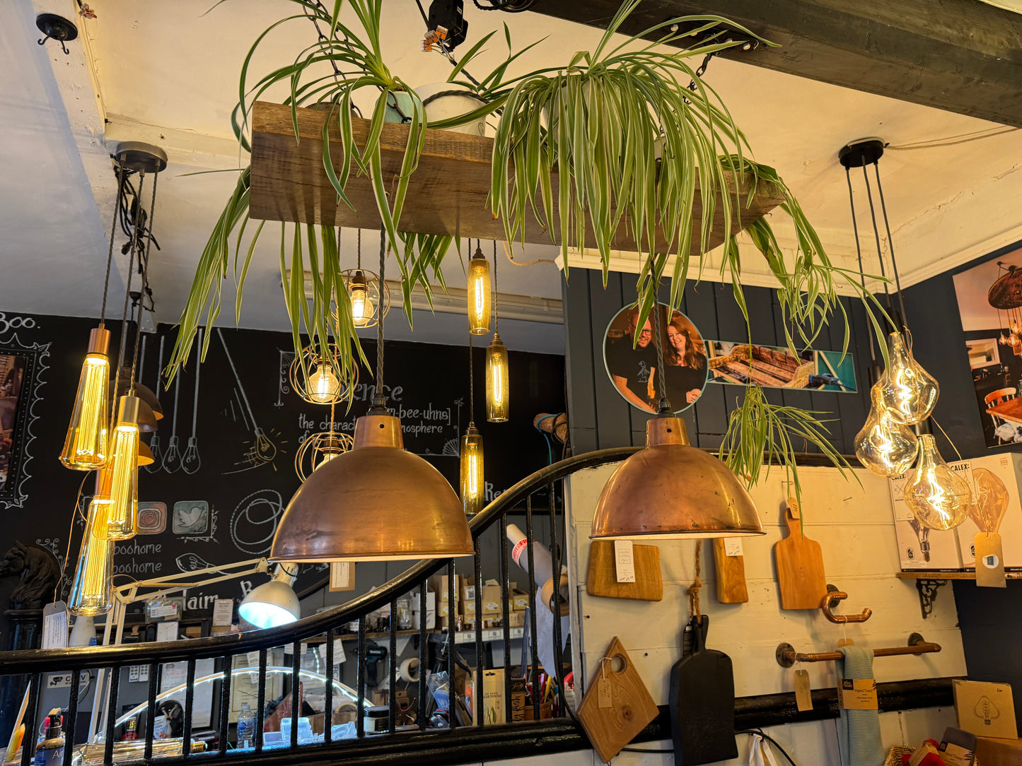 Rustic Oak Beam Kitchen Island Chandelier with Copper Shades & Plant Feature – Ready to Ship