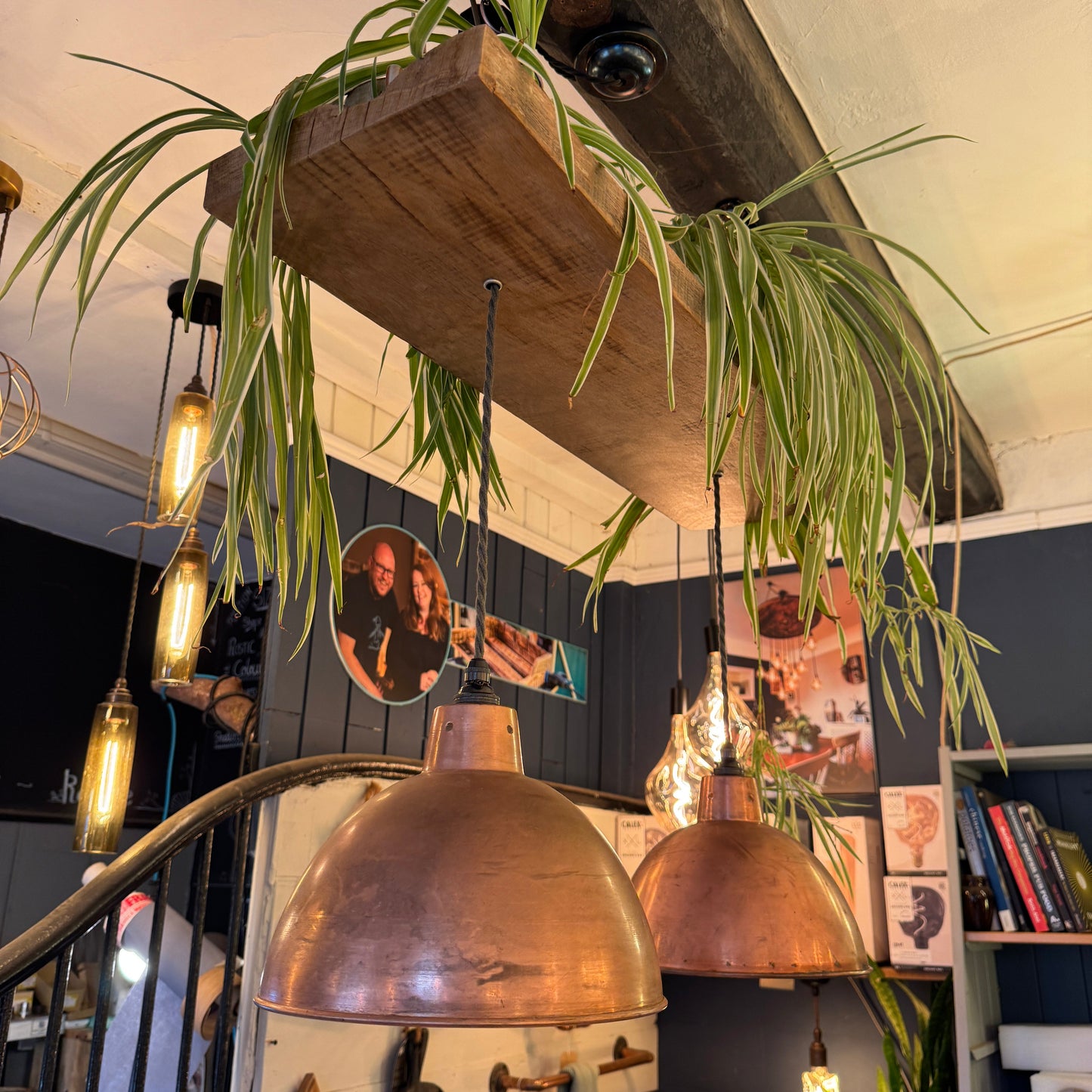 Rustic Oak Beam Kitchen Island Chandelier with Copper Shades & Plant Feature – Ready to Ship