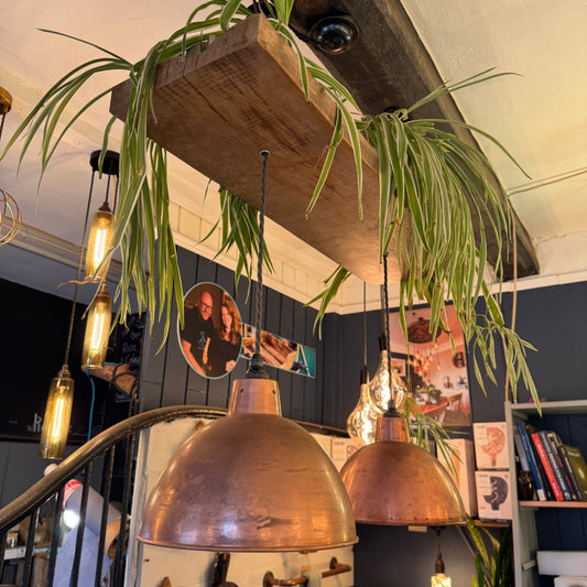 Rustic Oak Beam Kitchen Island Chandelier with Copper Shades & Plant Feature – Ready to Ship