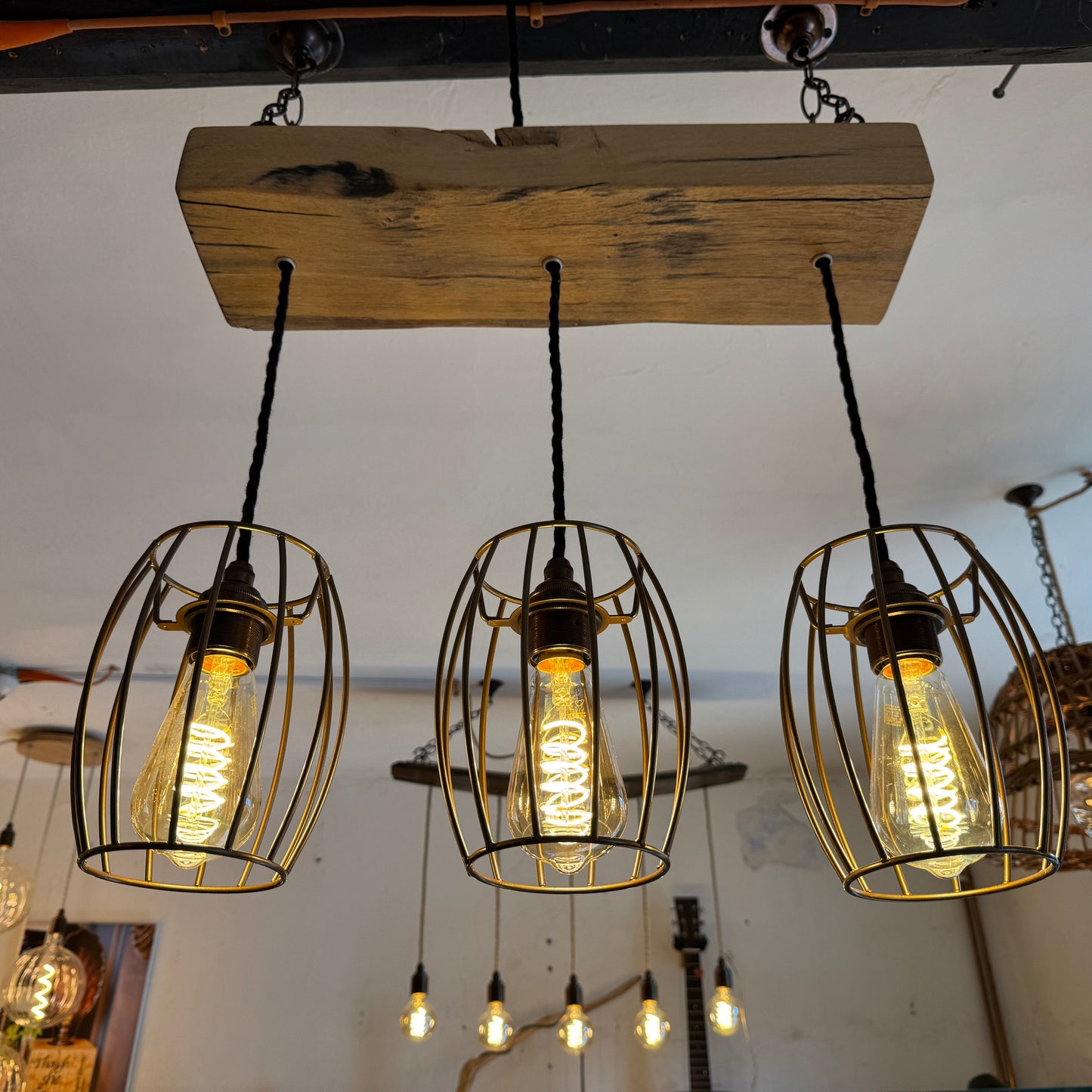 Reclaimed Oak Beam Chandelier with Cage Shades | 3 Light Rustic Kitchen Island Lighting UK