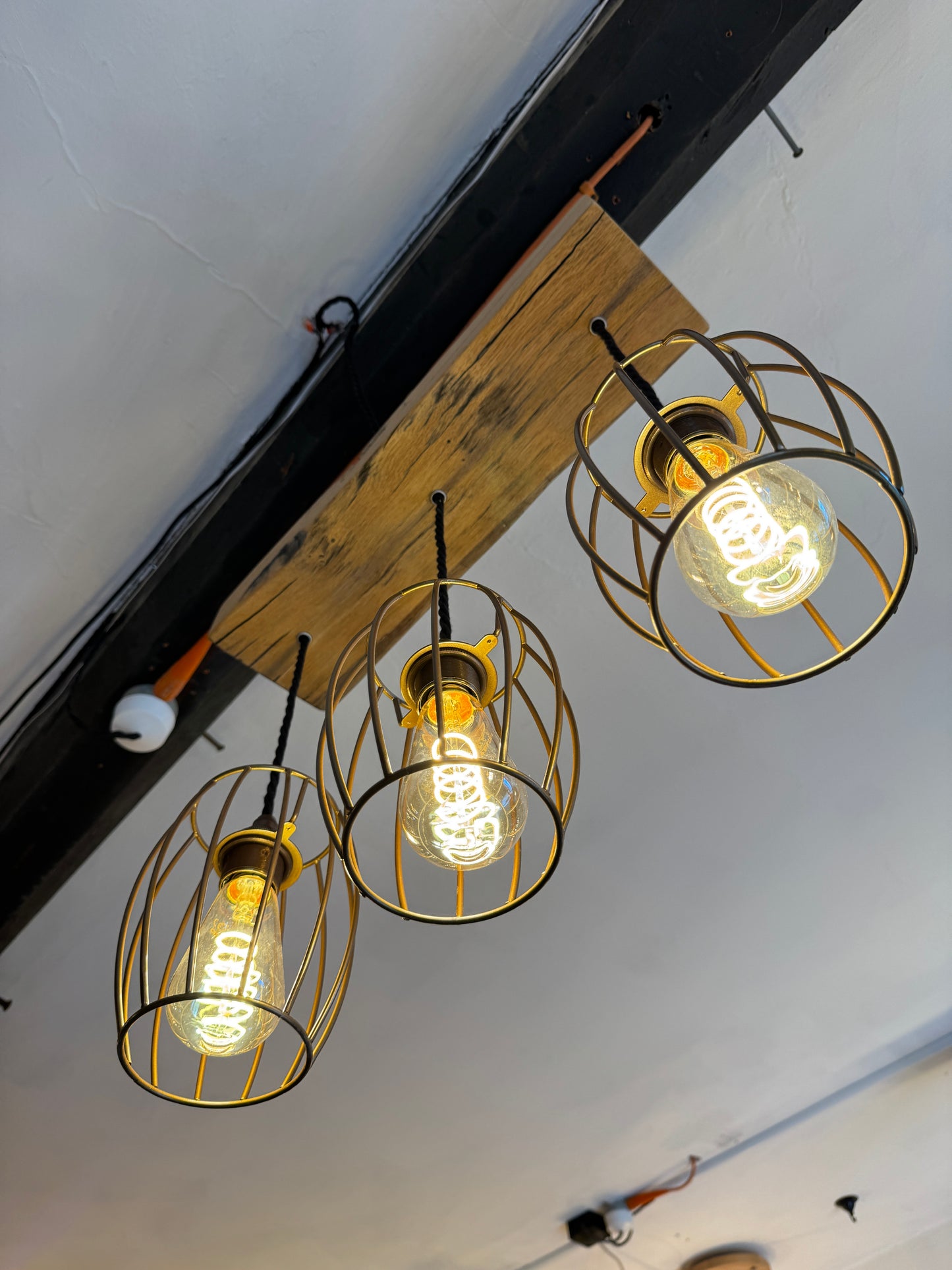 Reclaimed Oak Beam Chandelier with Cage Shades | 3 Light Rustic Kitchen Island Lighting UK
