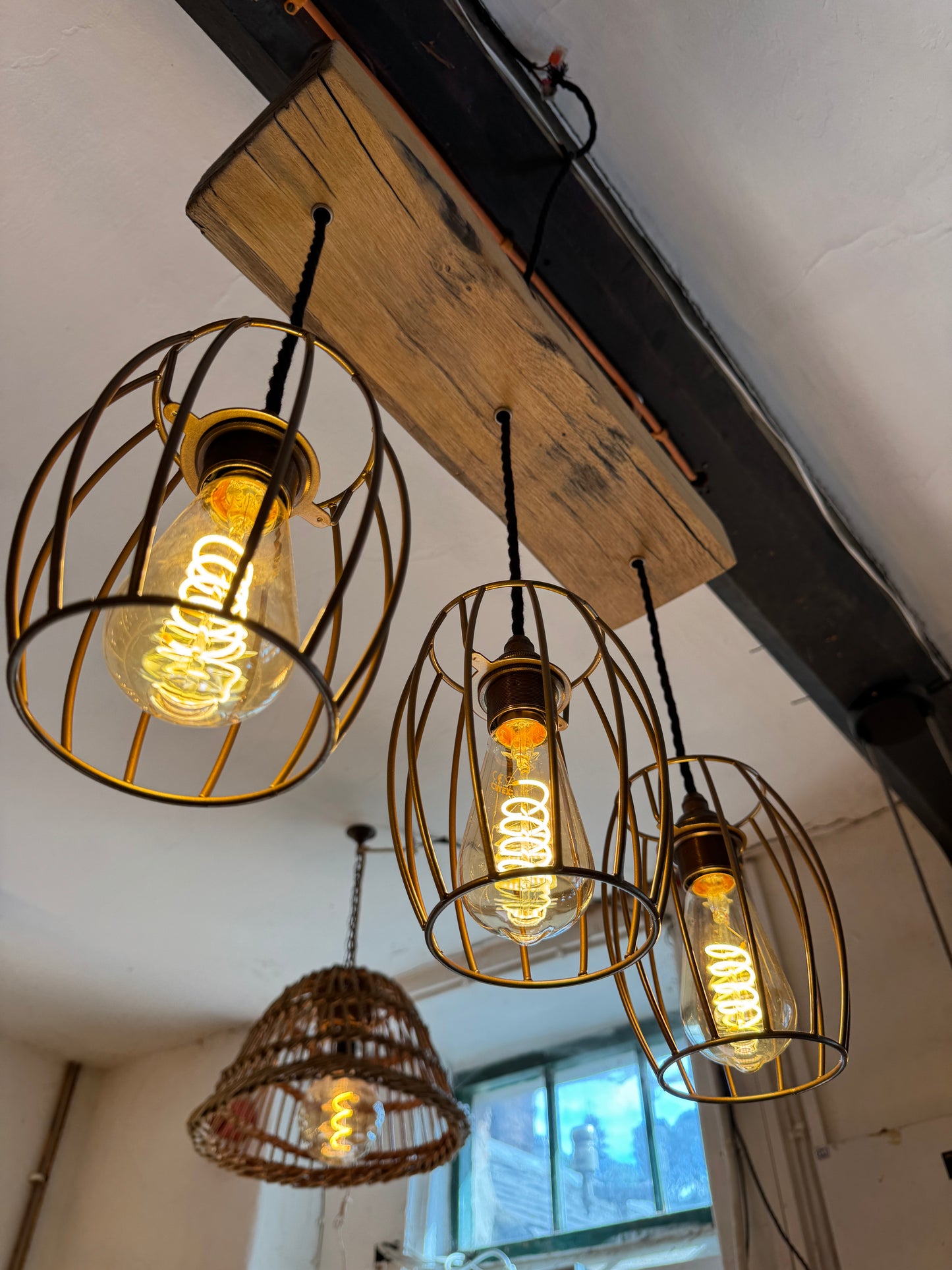 Reclaimed Oak Beam Chandelier with Cage Shades | 3 Light Rustic Kitchen Island Lighting UK