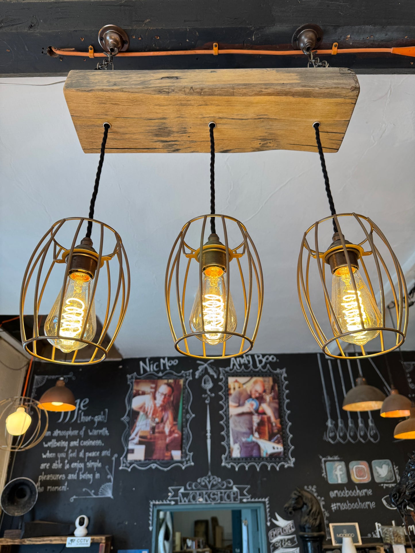 Reclaimed Oak Beam Chandelier with Cage Shades | 3 Light Rustic Kitchen Island Lighting UK