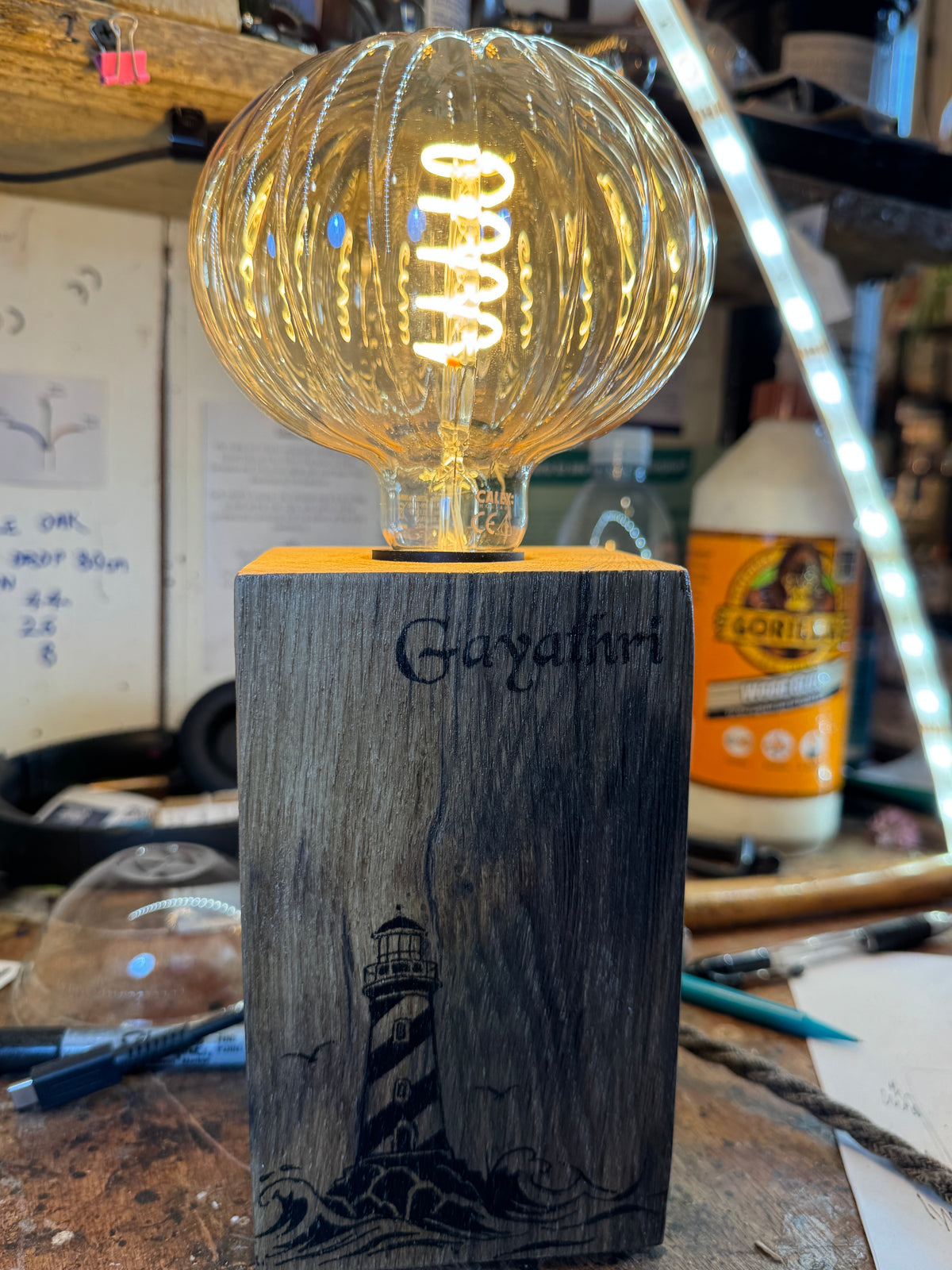 Personalised Wooden Lamp – Hand-Inked Reclaimed Plymouth Oak