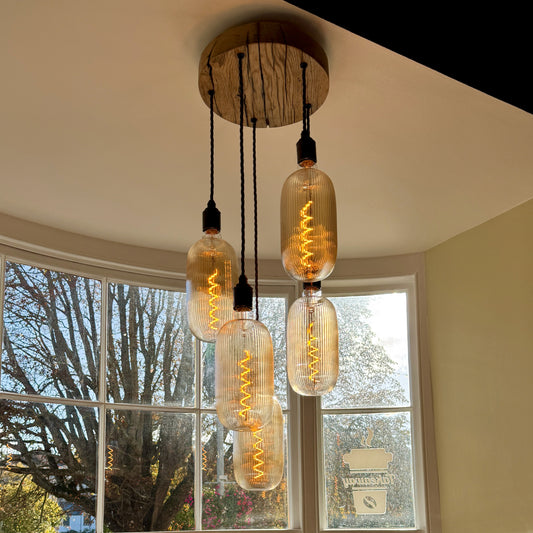 Plymouth Oak Disc Chandelier – 5 Pendant Cluster Light