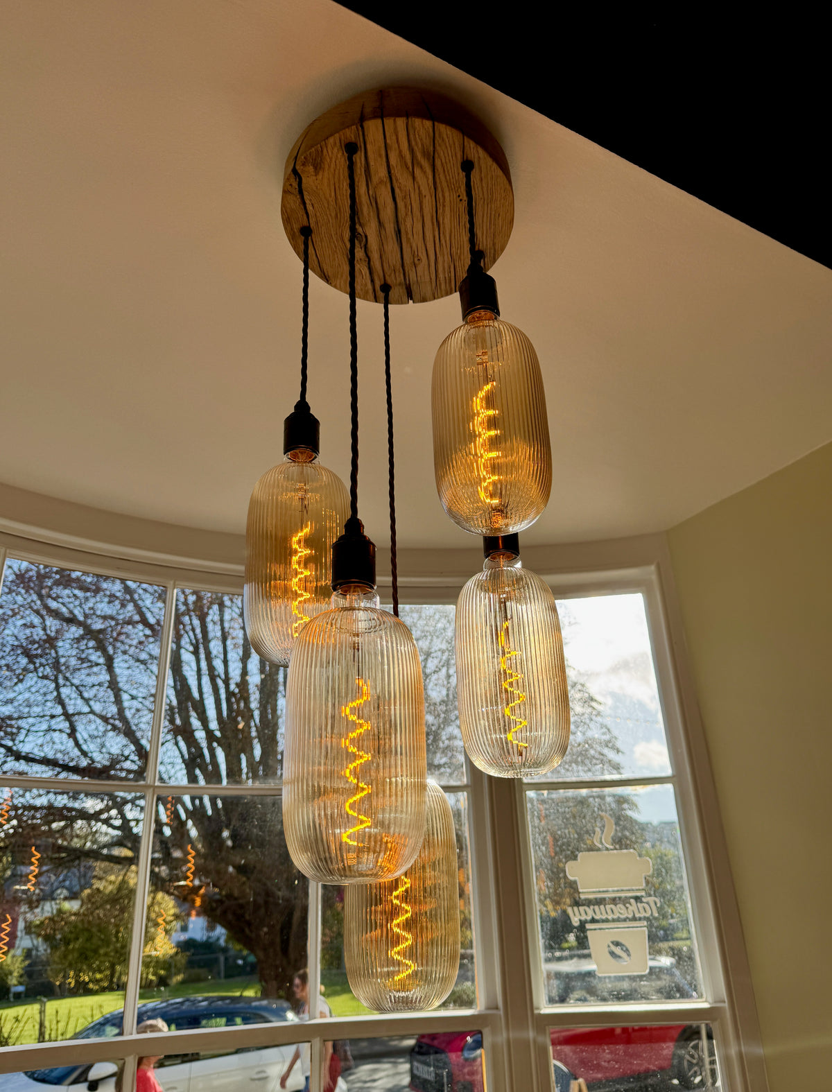 Plymouth Oak Disc Chandelier – 5 Pendant Cluster Light