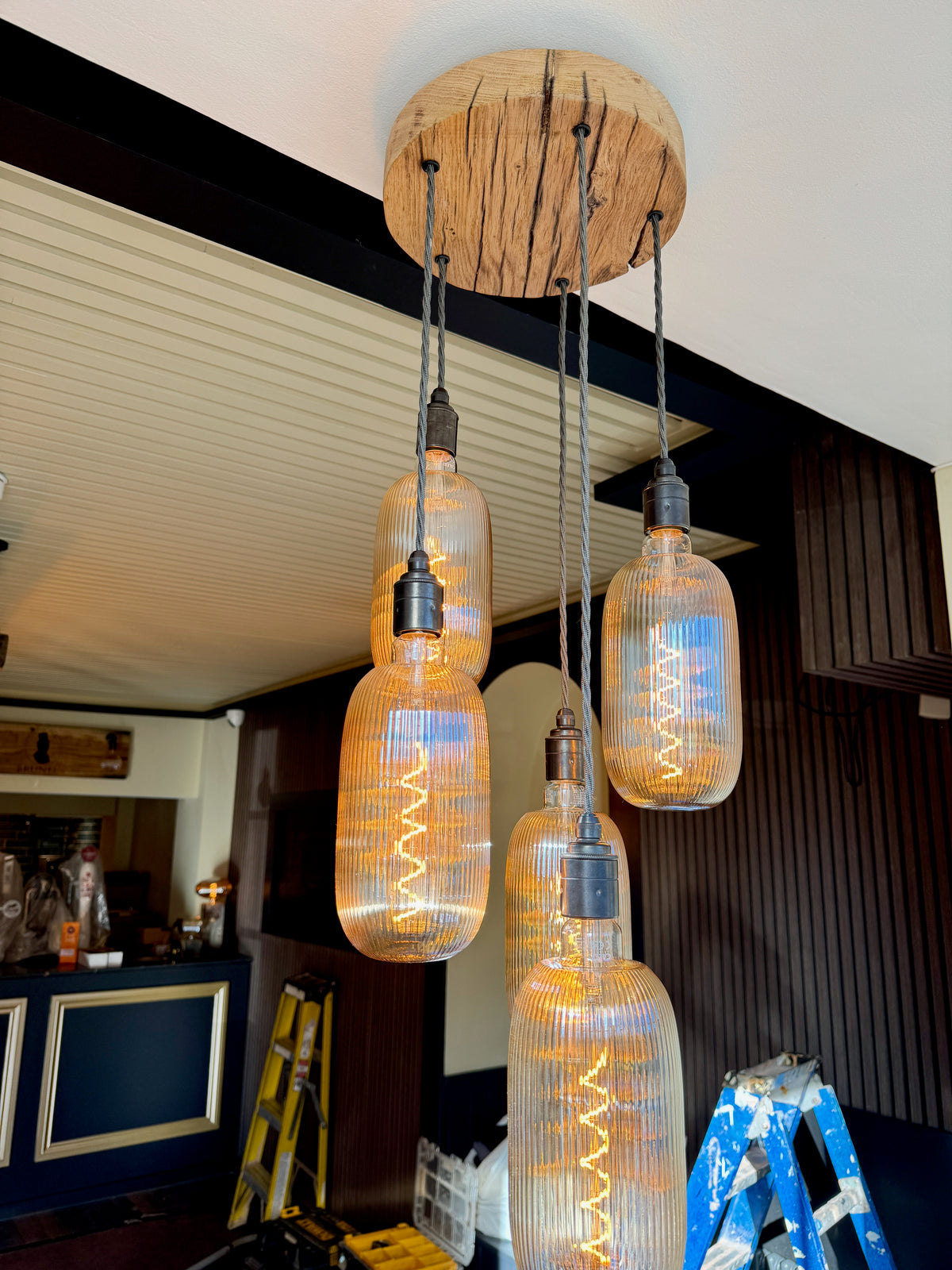Plymouth Oak Disc Chandelier – 5 Pendant Cluster Light