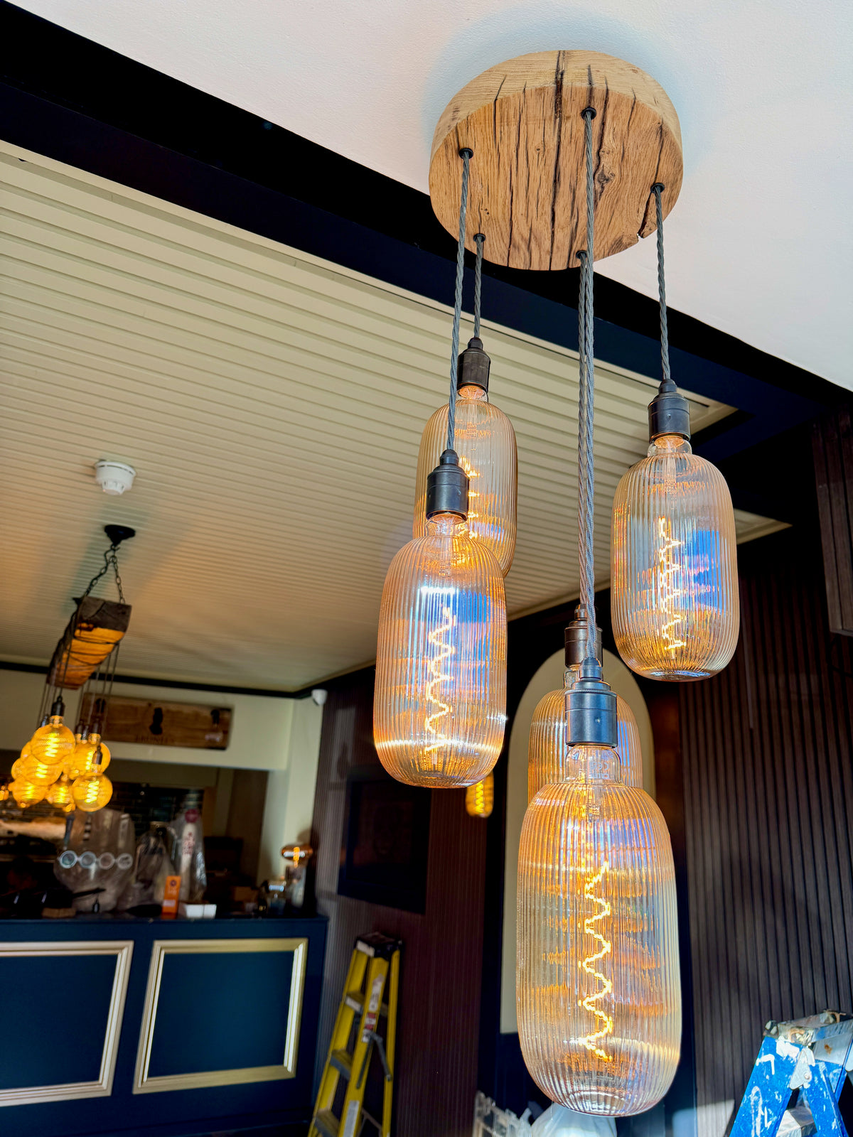 Plymouth Oak Disc Chandelier – 5 Pendant Cluster Light