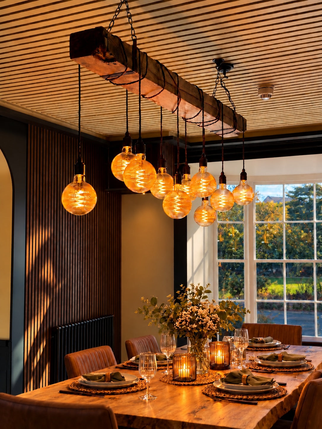 1.5m Plymouth Oak Beam Chandelier – 10 Pendant Suspended Lighting