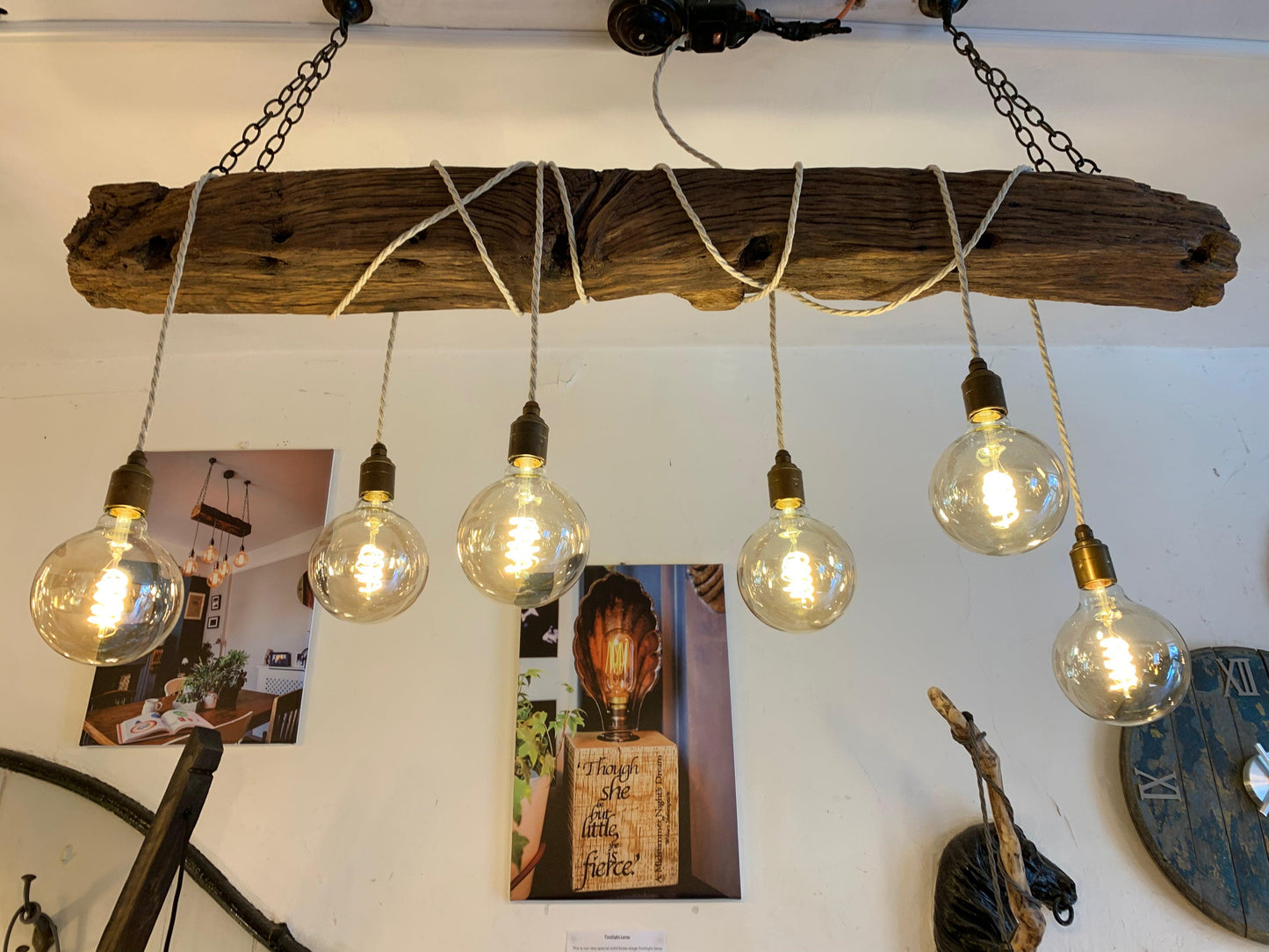 Chunky Rustic Oak Beam Chandelier with Wrapped Cables - MooBoo Home