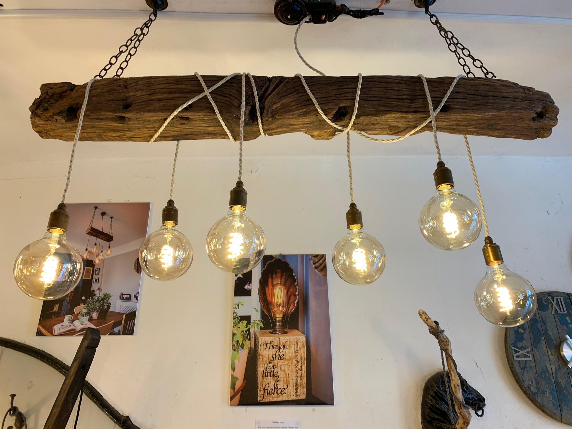 Chunky Rustic Oak Beam Chandelier with Wrapped Cables - MooBoo Home