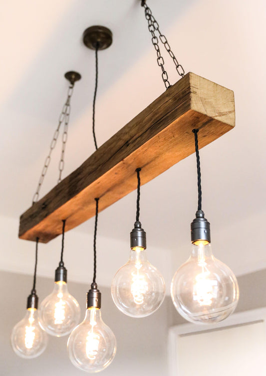 Wooden Beam Light Chandelier Oak 1m long 5 lamp holders - MooBoo Home