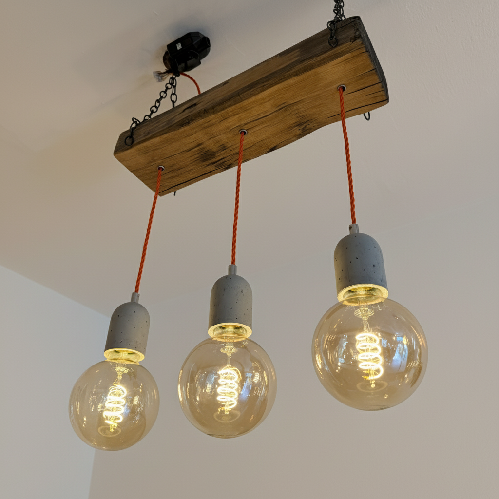 Crafted Oak Chandelier with Cement Lamp Holders