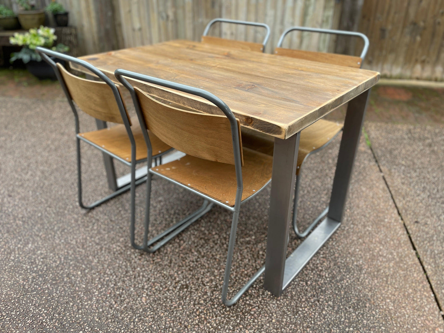 pine dining table with box steel legs