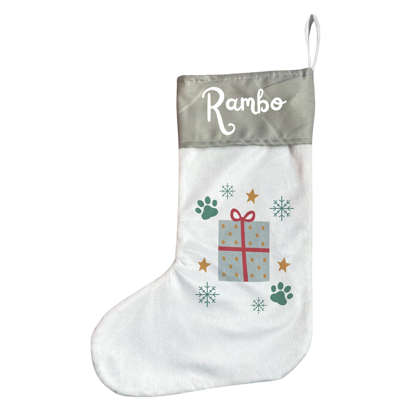Personalised Pet Christmas Stocking with Paw Prints & Gift Design