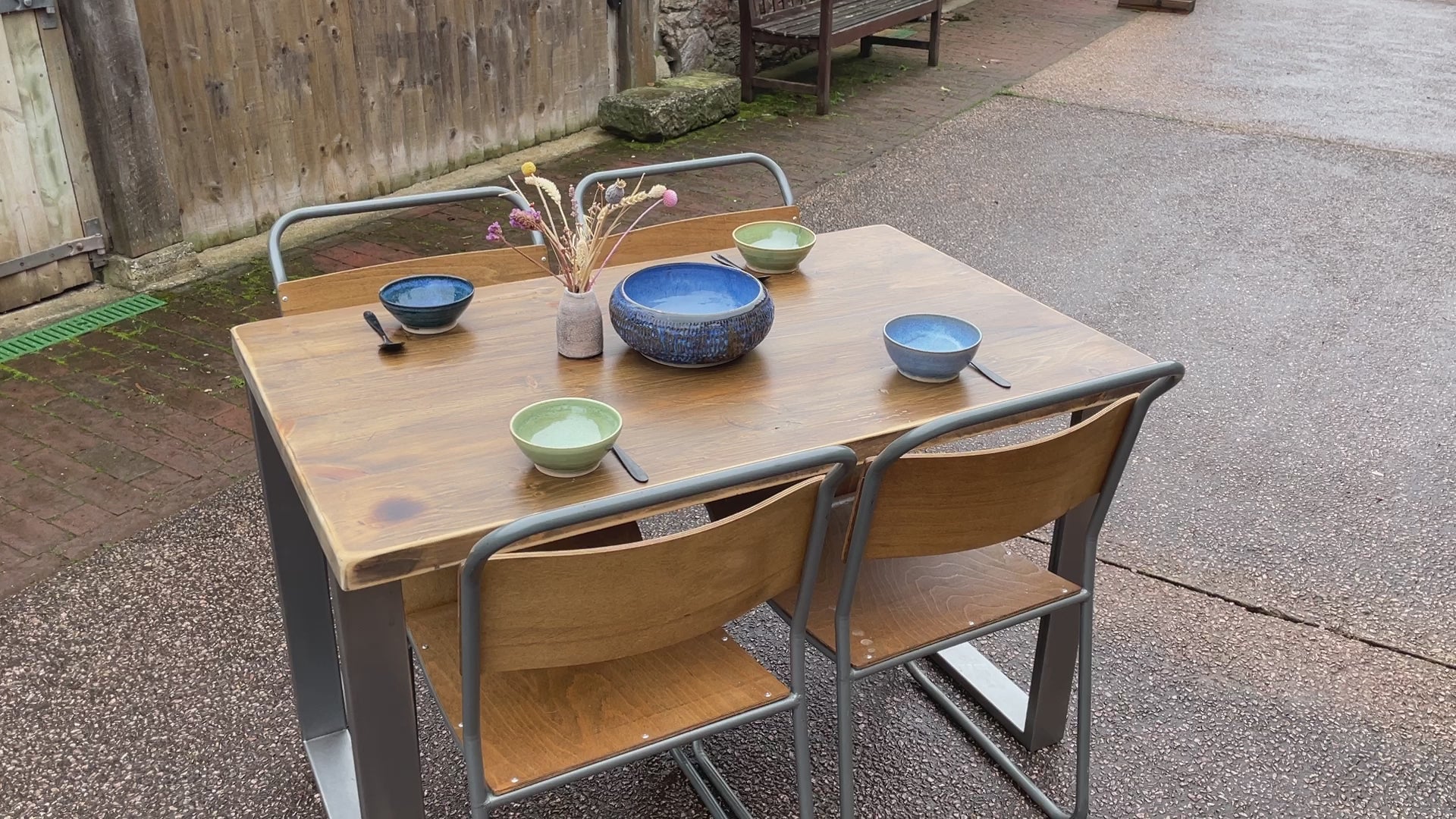 pine dining table with box steel legs