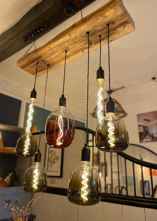 Rainbow Luminaire: Tri-Color Bulb Wooden Beam Chandelier - MooBoo Home