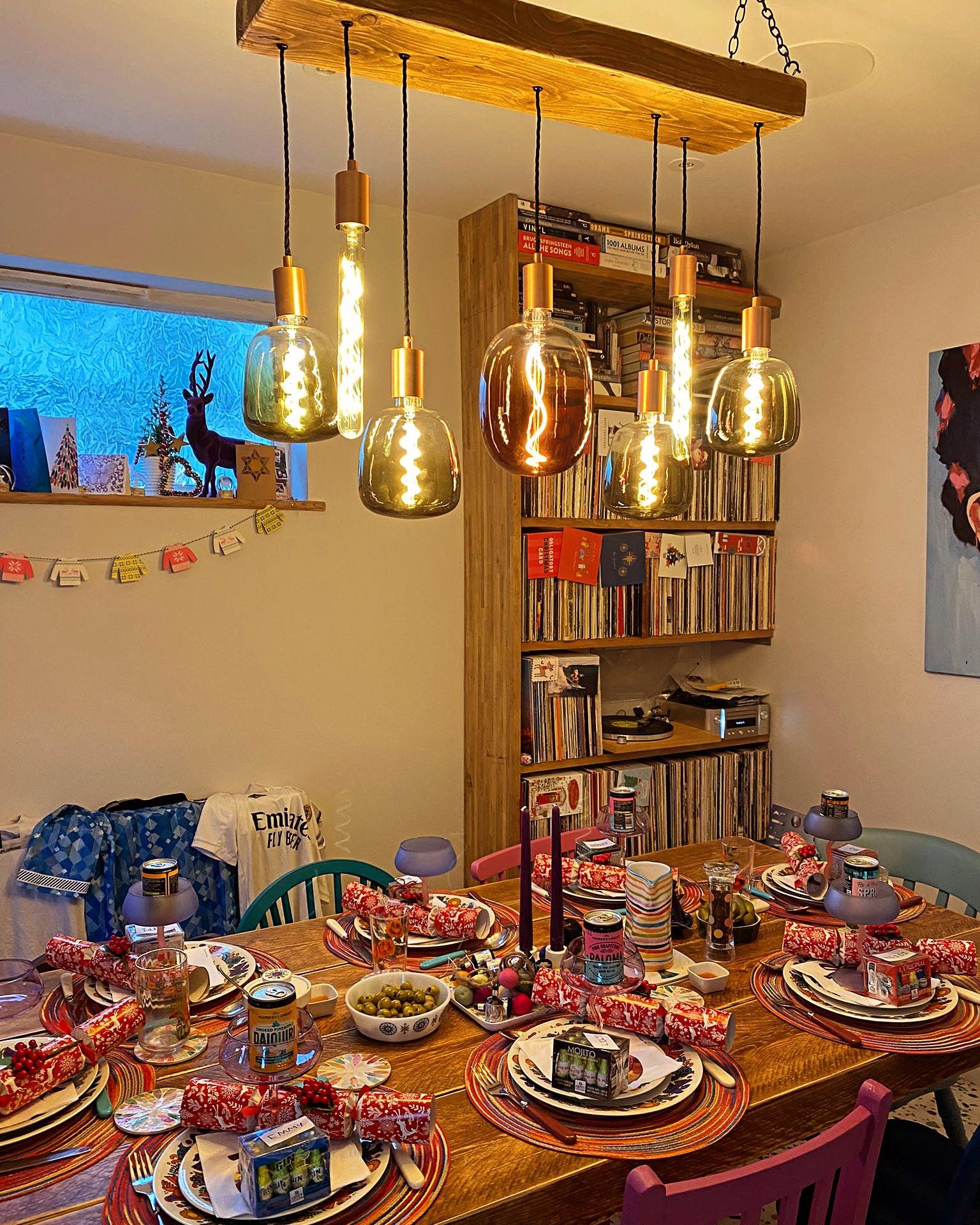 Rainbow Luminaire: Tri-Color Bulb Wooden Beam Chandelier - MooBoo Home