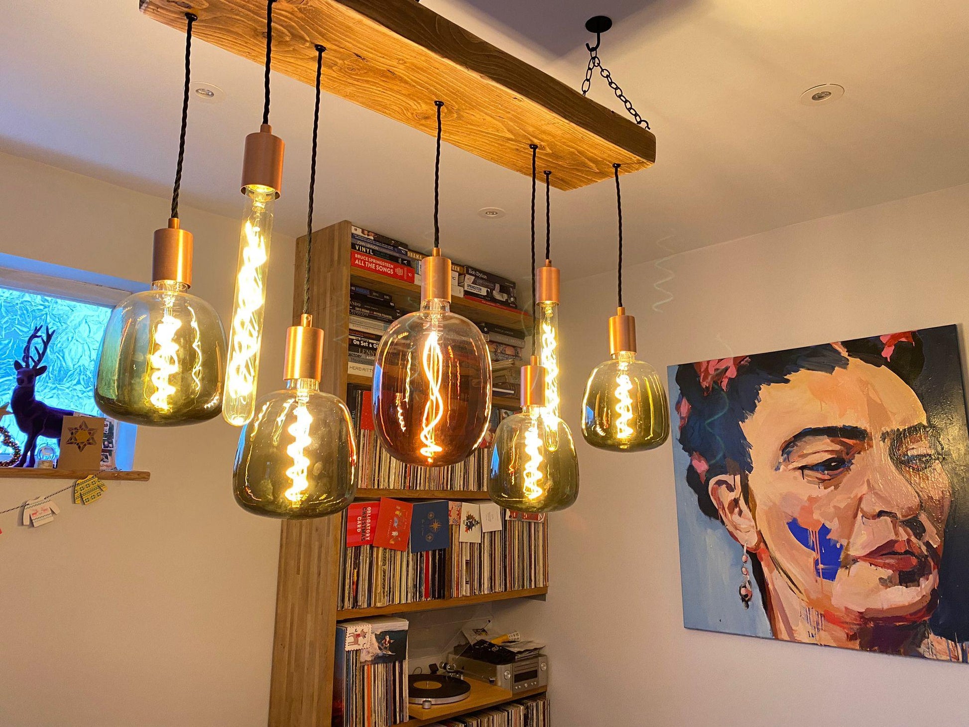 Rainbow Luminaire: Tri-Color Bulb Wooden Beam Chandelier - MooBoo Home