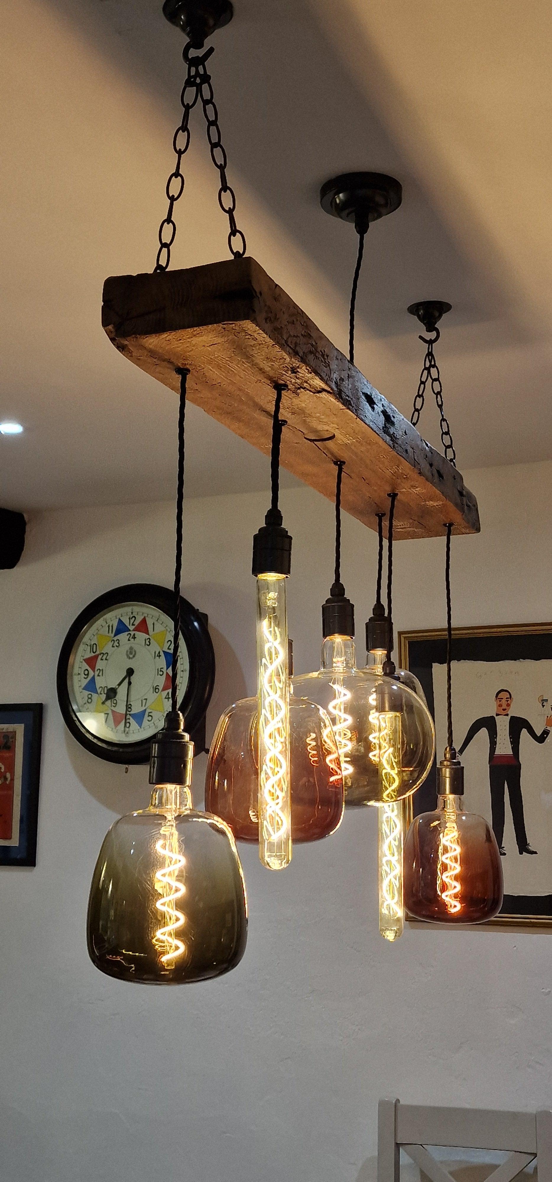 Rainbow Luminaire: Tri-Color Bulb Wooden Beam Chandelier - MooBoo Home