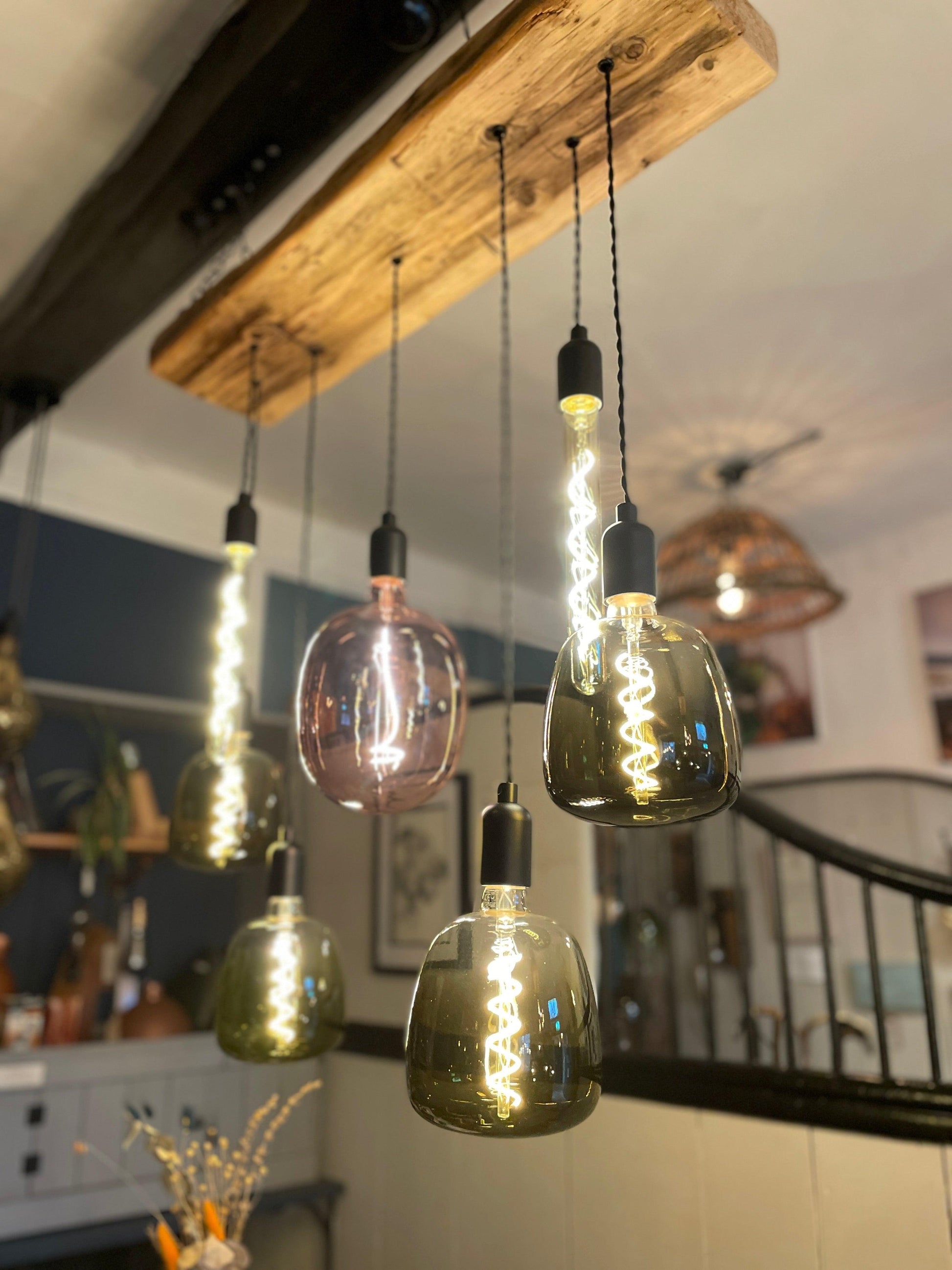 Rainbow Luminaire: Tri-Color Bulb Wooden Beam Chandelier - MooBoo Home