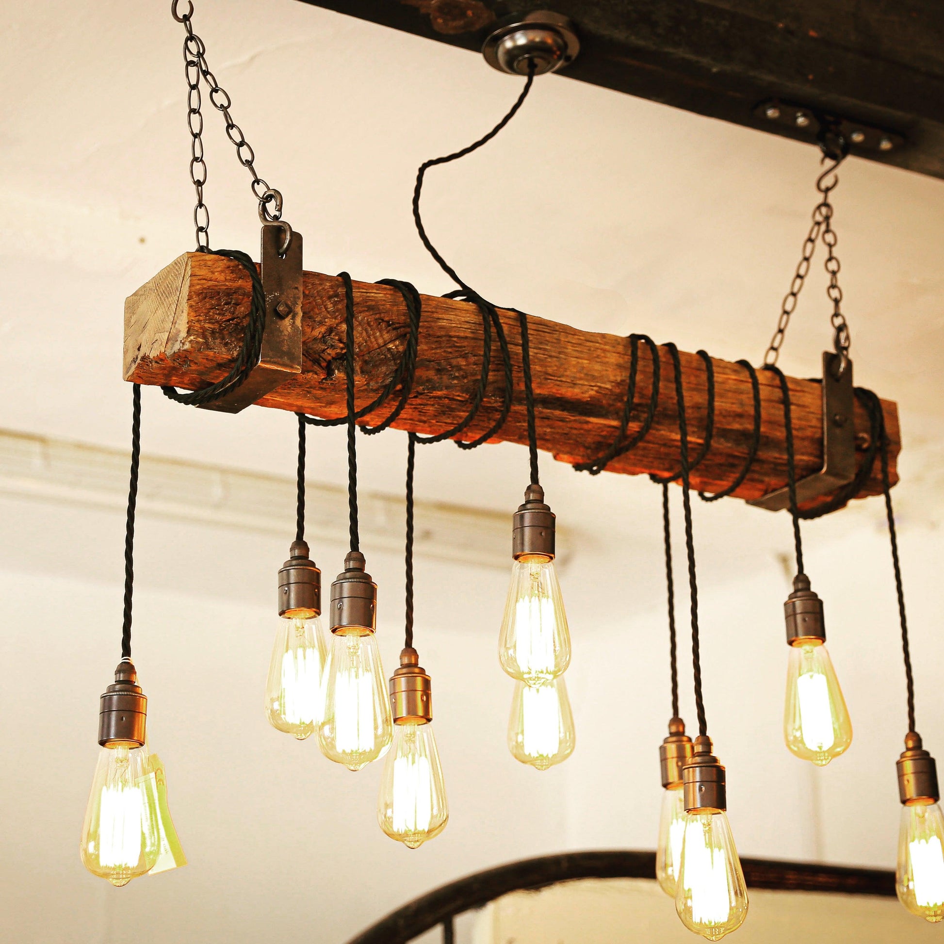 Oak Beam Chandelier With Wrapped Cables Cluster Pendant Light - MooBoo Home